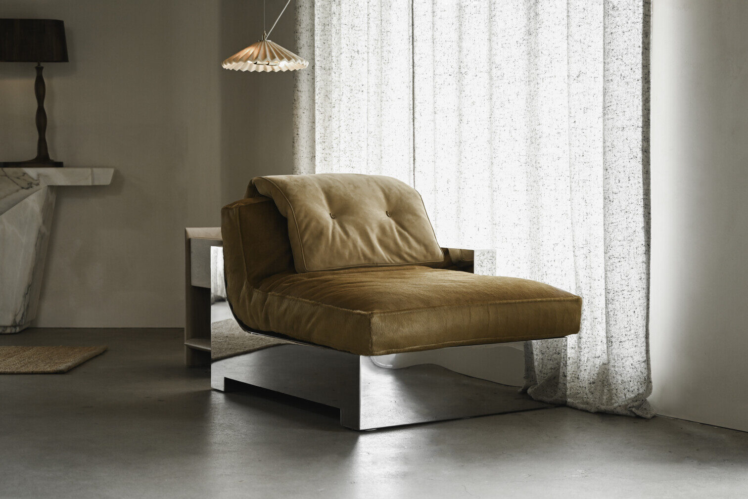 FRANCK – STAINLESS STEEL, ONE ARMED LOUNGE CHAIR