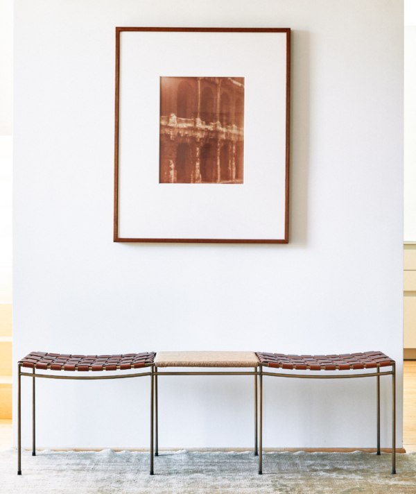 WOVEN LEATHER BENCH WITH RUSH TABLE
